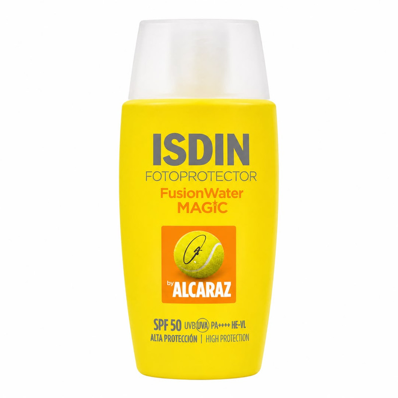 کرم ضد آفتاب بی‌رنگ صورت ایزدین SPF50 مدل Fusion Water Magic Alcaraz محافظ UVA و UVB حجم 50 میلی‌لیتر